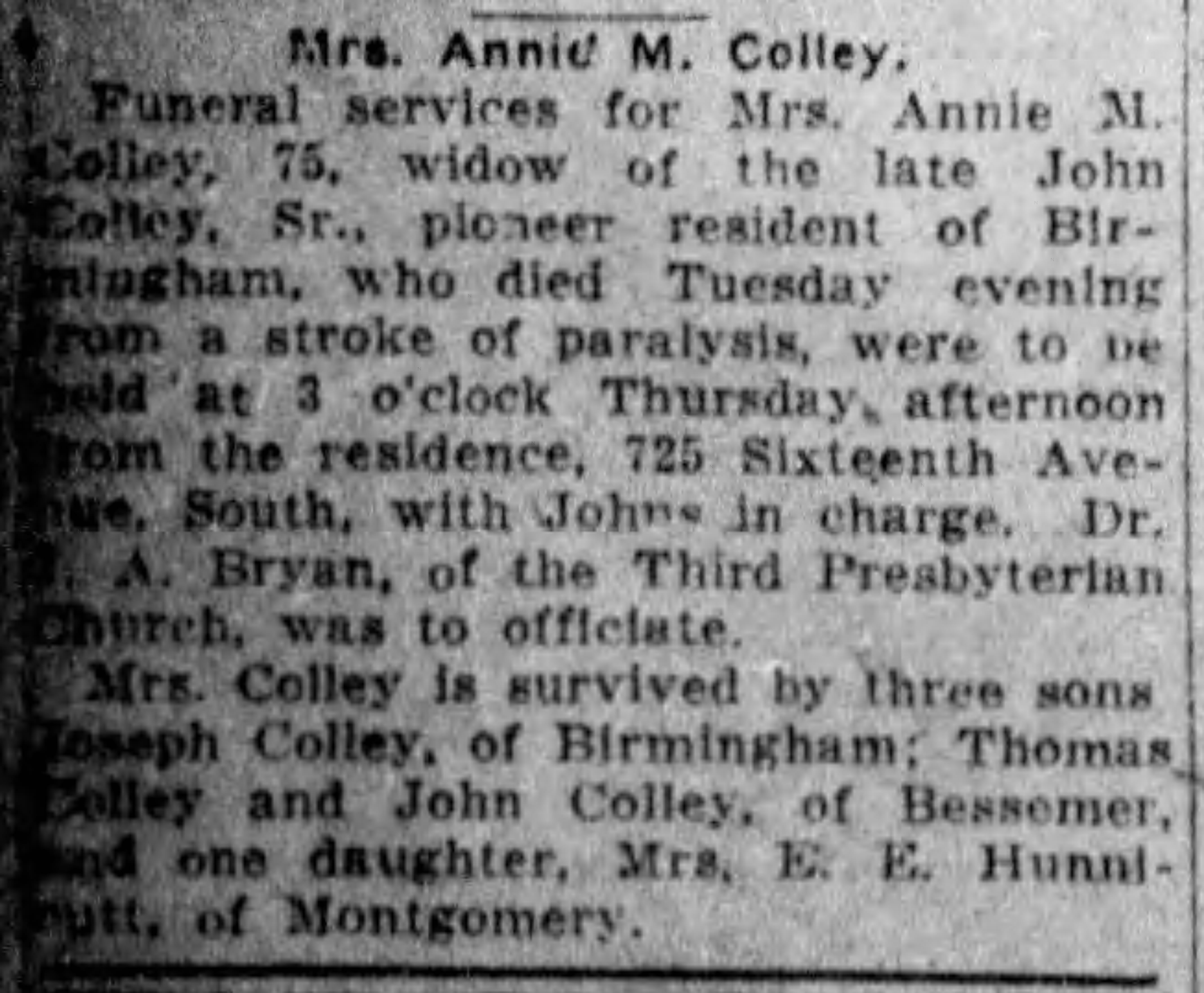 Mrs. Annie M Colley